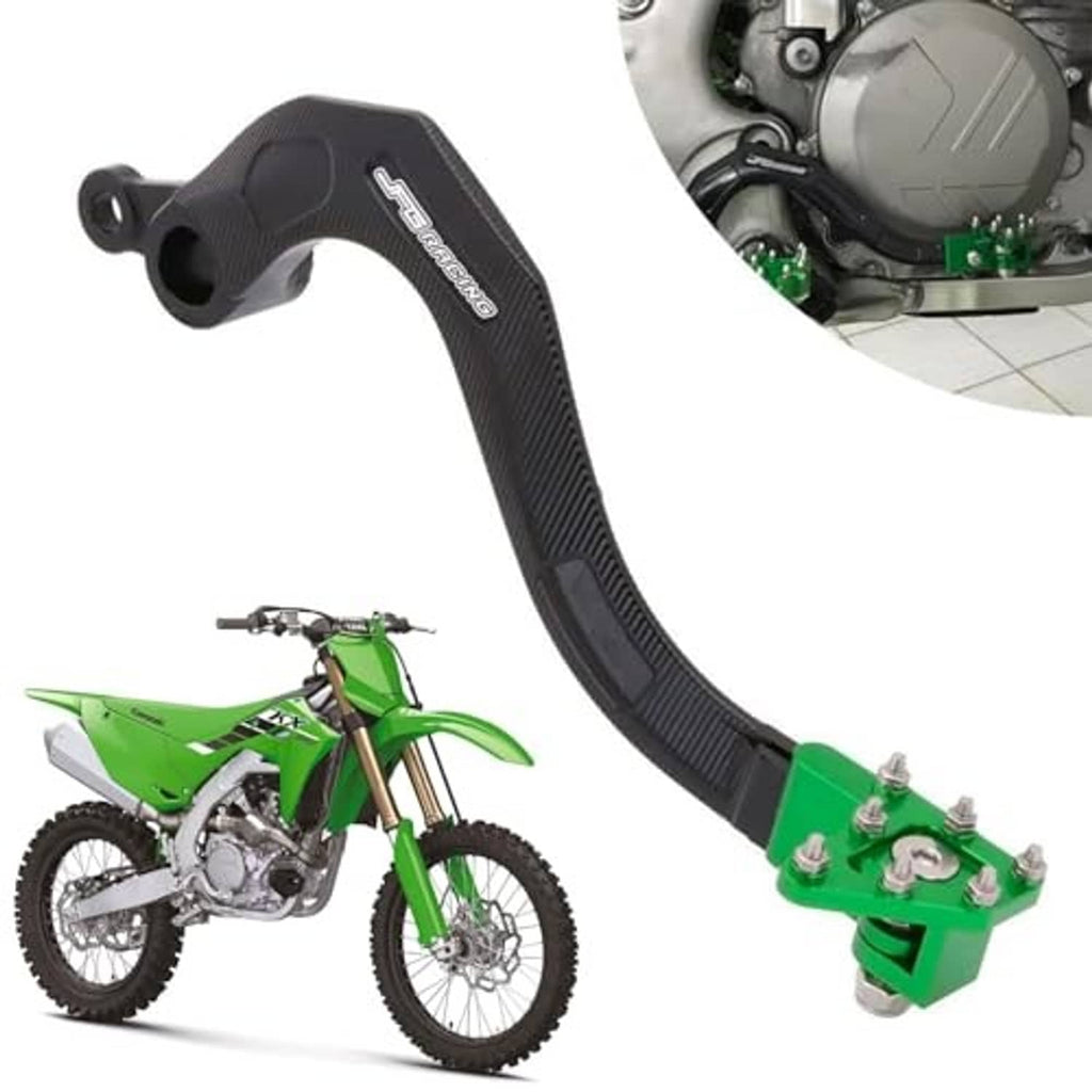 Folding rear brake pedal lever with textured black arm and green mounting hardware
