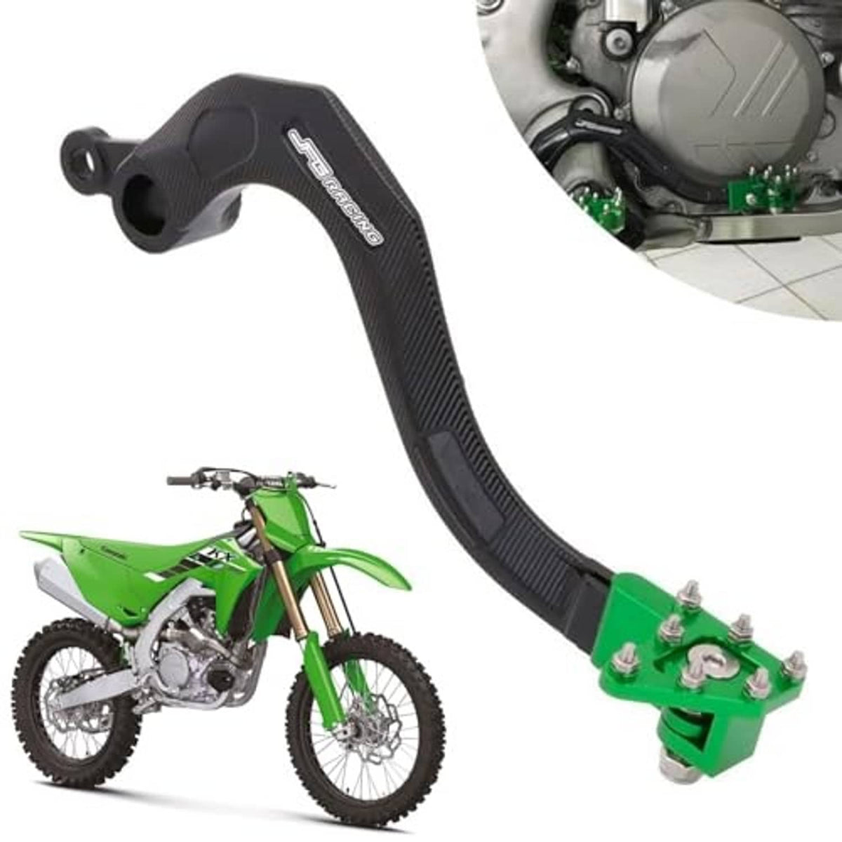 Folding rear brake pedal lever with textured black arm and green mounting hardware