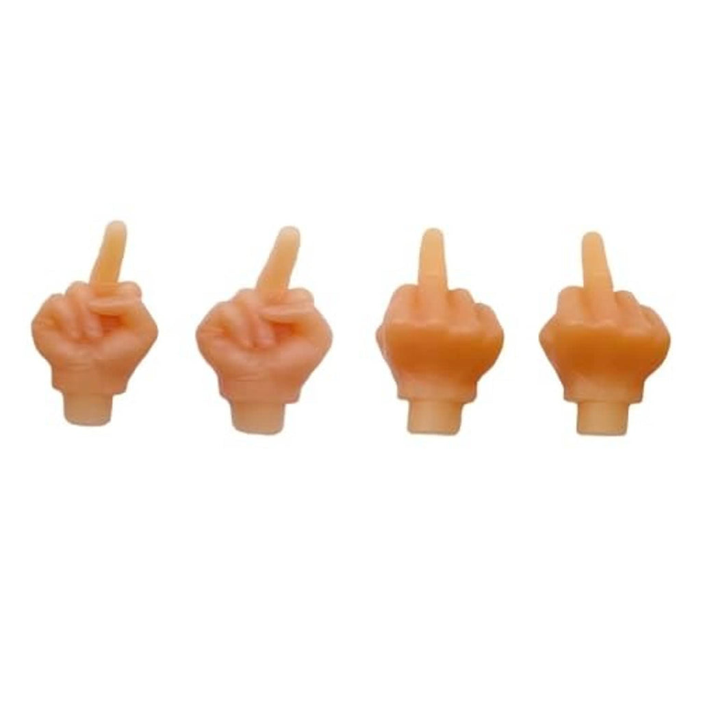 Four orange middle-finger tire valve caps with raised finger tips