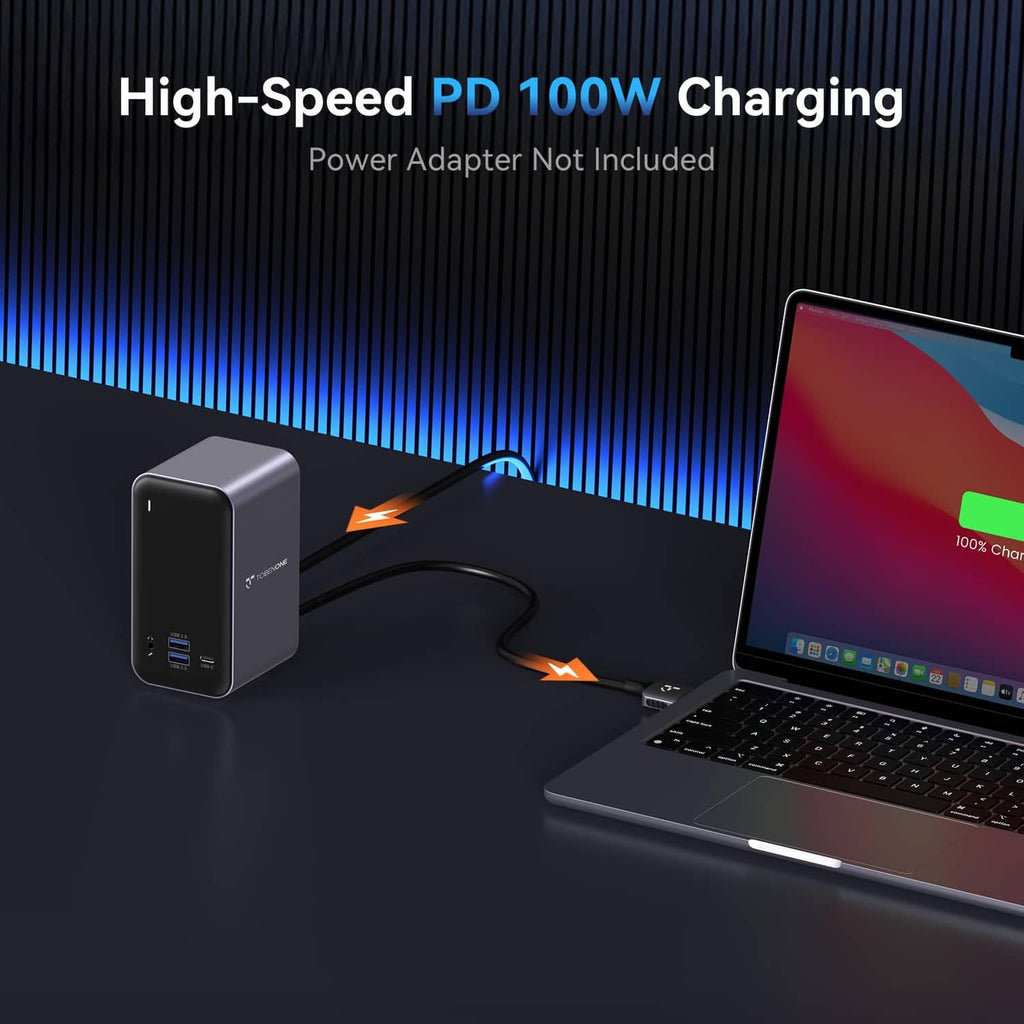 Grey USB-C docking station with charging port and connected cable