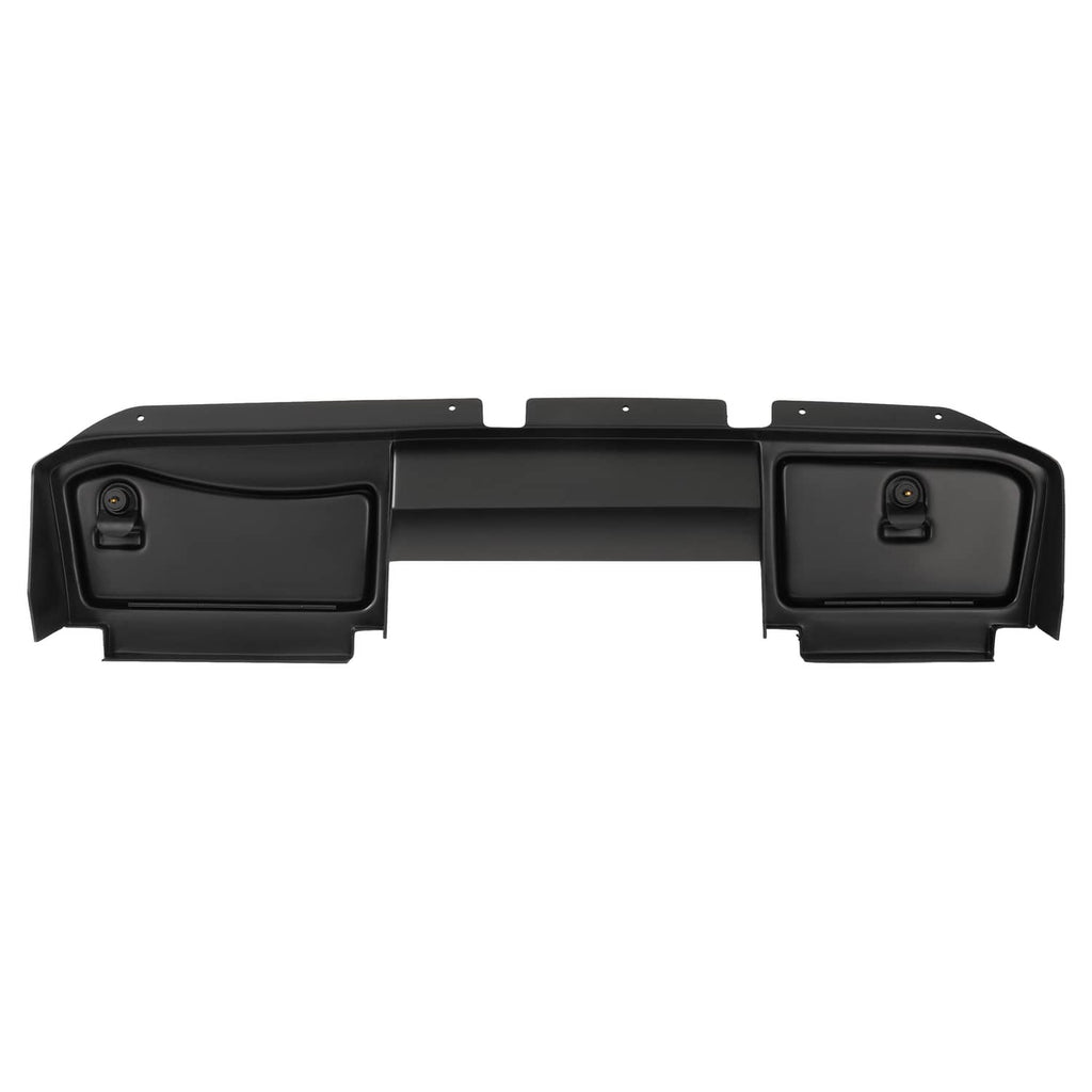 Matte black dash board cover assembly, front-facing view with two side storage doors.