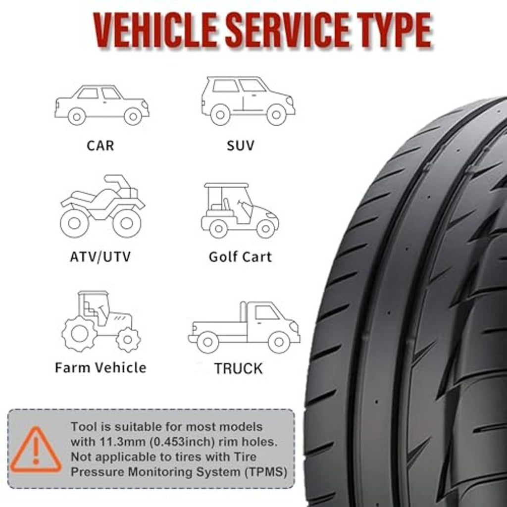 Tire valve stem tool for vehicles, shown with tire close-up and installation warning