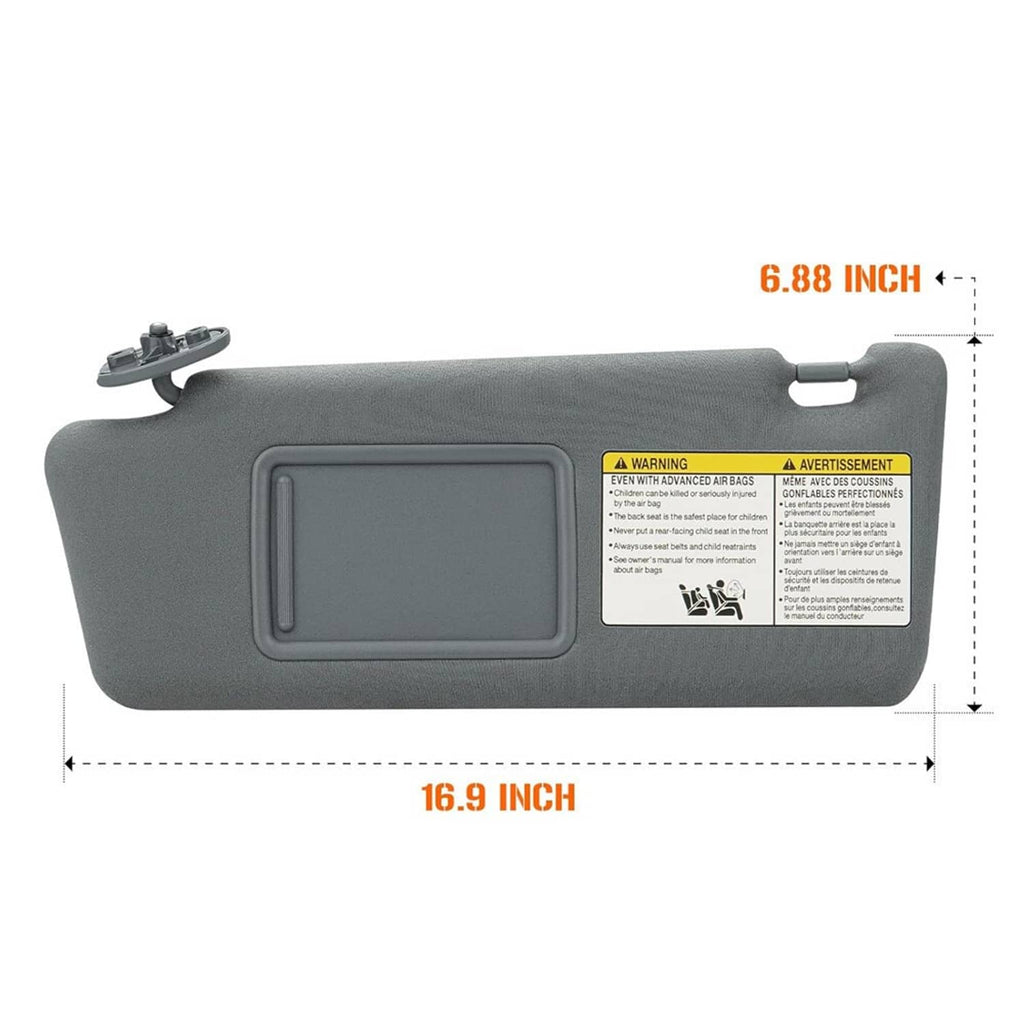 Gray sun visor with built-in vanity mirror, measured size 16.9 x 6.88 in