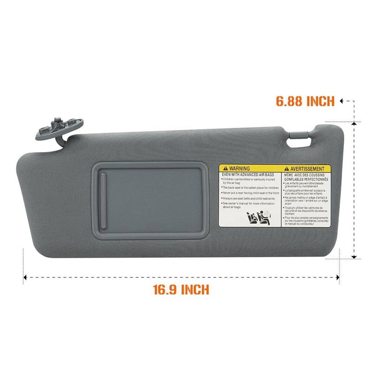 Gray sun visor with built-in vanity mirror, measured size 16.9 x 6.88 in