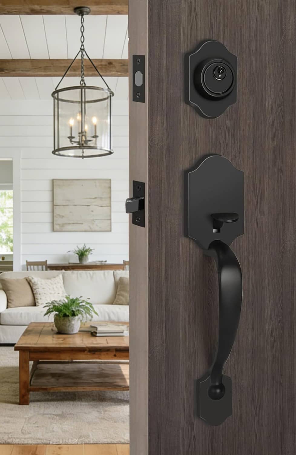 Matte black exterior door deadbolt with lever handle and matching interior trim