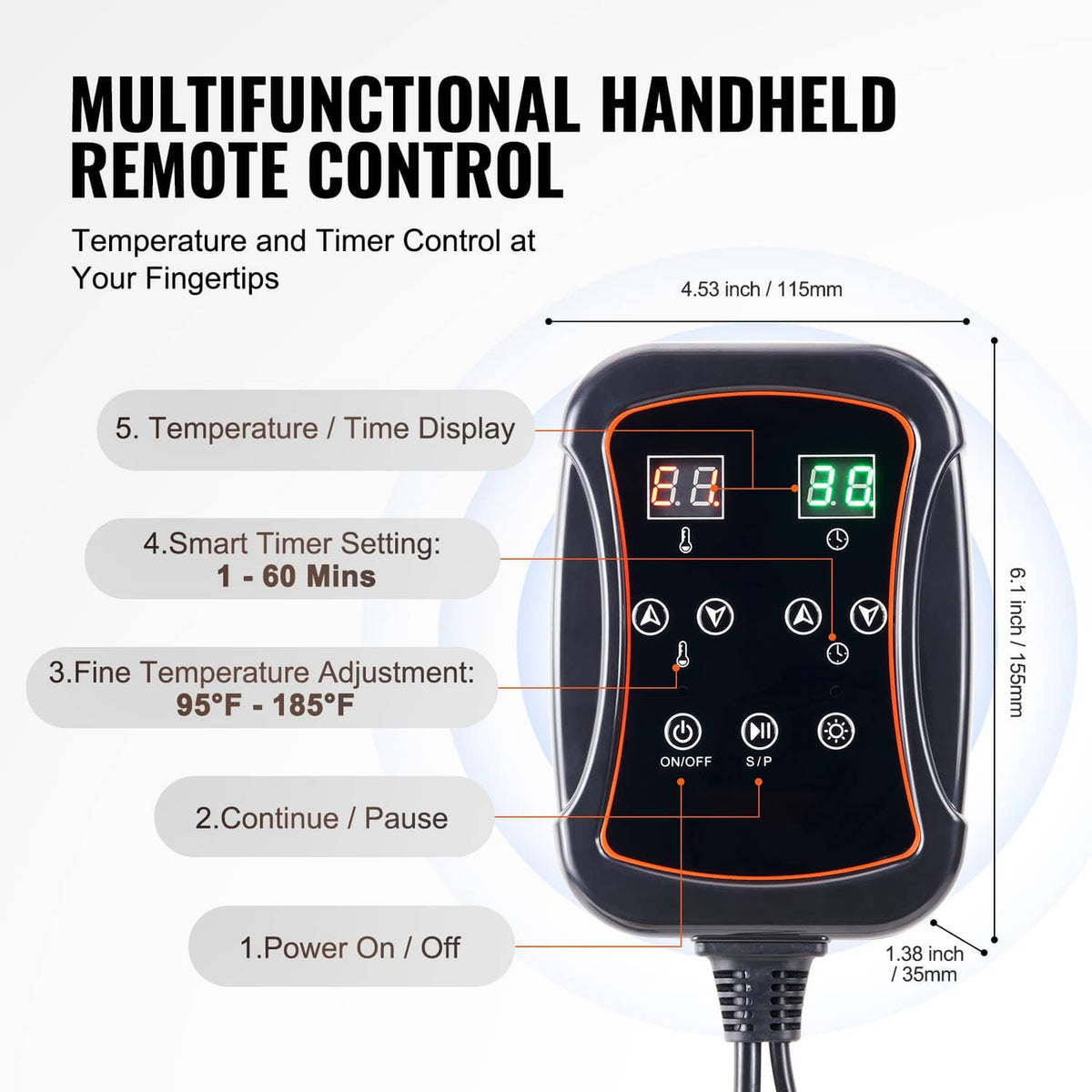 Handheld remote control for infrared sauna heating blanket with orange LED display
