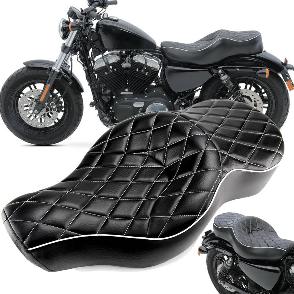 Two-up motorcycle seat cushion, black quilted upholstery with white edge piping