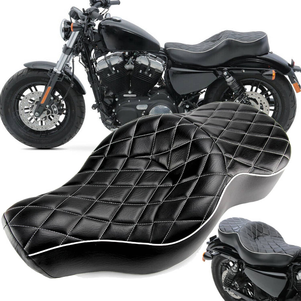 Two-up motorcycle seat cushion, black quilted upholstery with white edge piping
