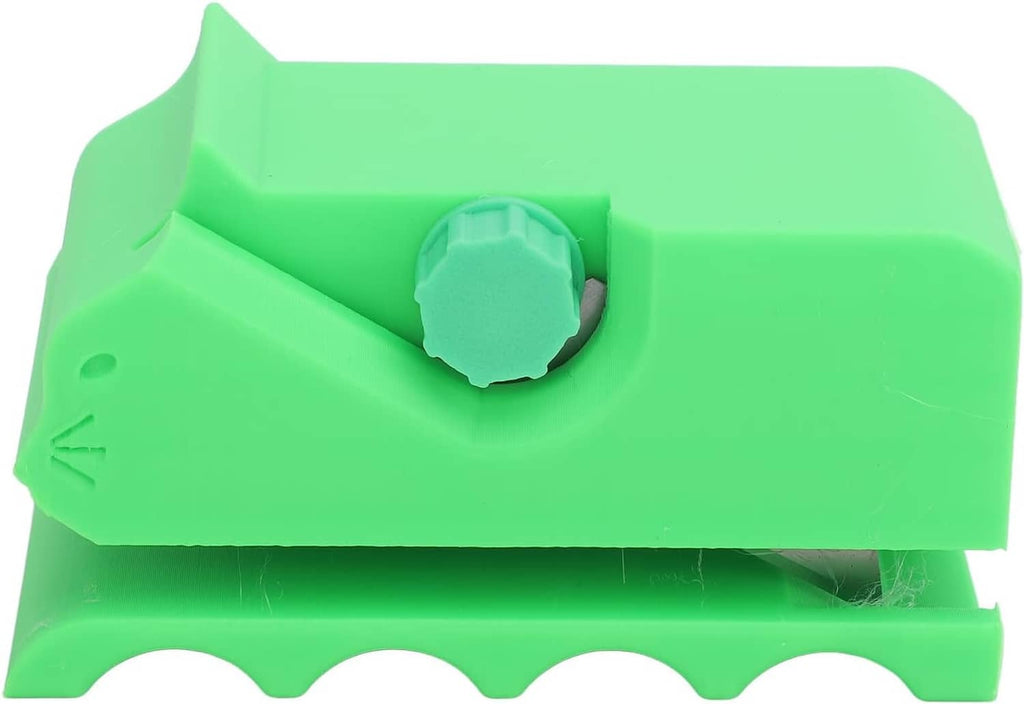 Green adjustable cardboard cutter close-up of blade holder and octagonal knob