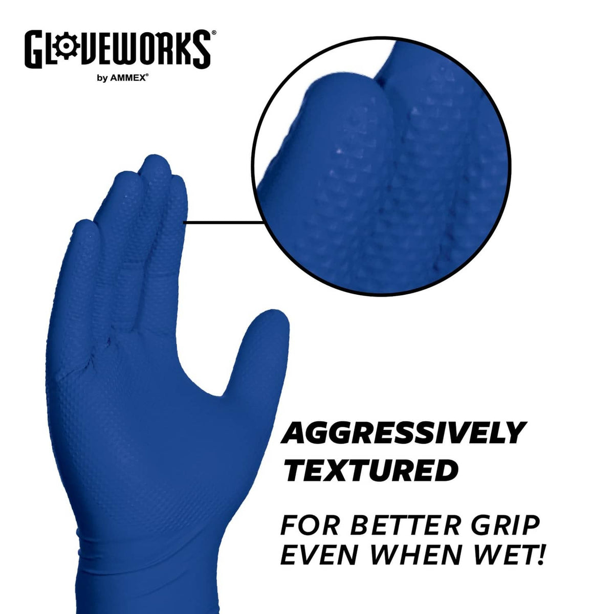 Royal blue nitrile glove with aggressively textured grip pattern, for better hold