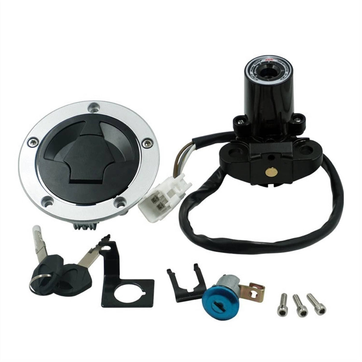 Ignition switch lock set with round lock cover, black cylinder, wiring harness and screws