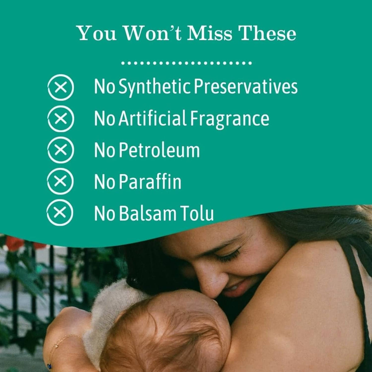 Teal organic diaper balm label with ingredient-free claim check icons