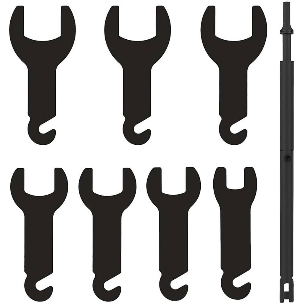 Fan clutch wrench set showing multiple black fork inserts and long handle