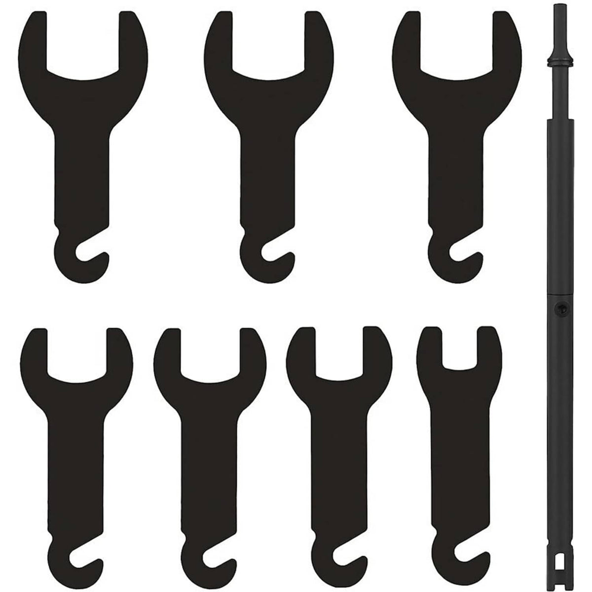 Fan clutch wrench set showing multiple black fork inserts and long handle