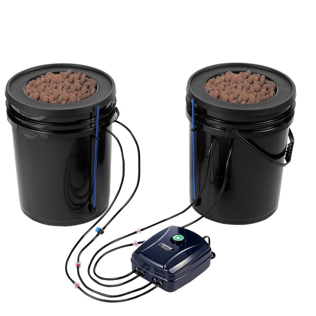 Two black DWC grow buckets with pump, tubes, and clay pebbles in net basket