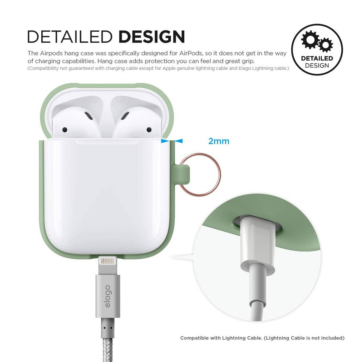 Mint green silicone AirPods case with open lid, Lightning cable and bronze ring