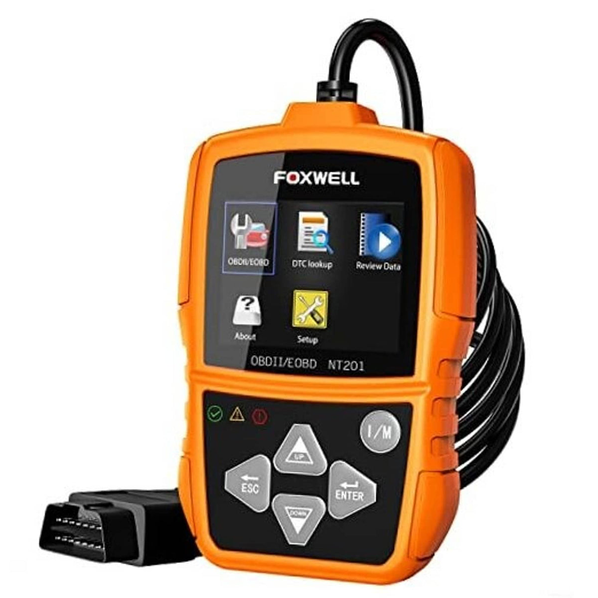 Orange FOXWELL NT201 handheld OBD2 diagnostic scanner with screen and button keypad