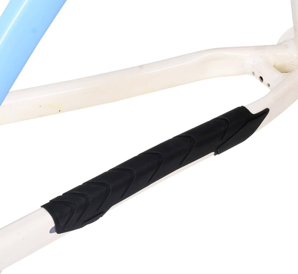 Silicone chainstay protector sticker strips, black, on white bicycle frame tube