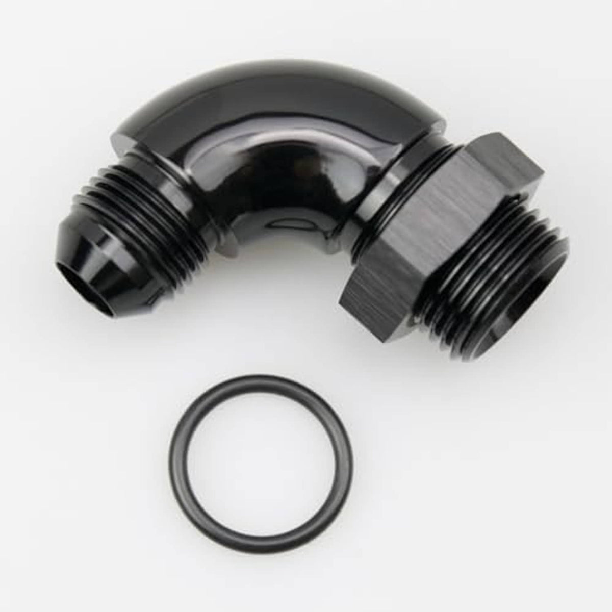 Black 90-degree AN ORB elbow fitting with O-ring, two UNF male thread ends