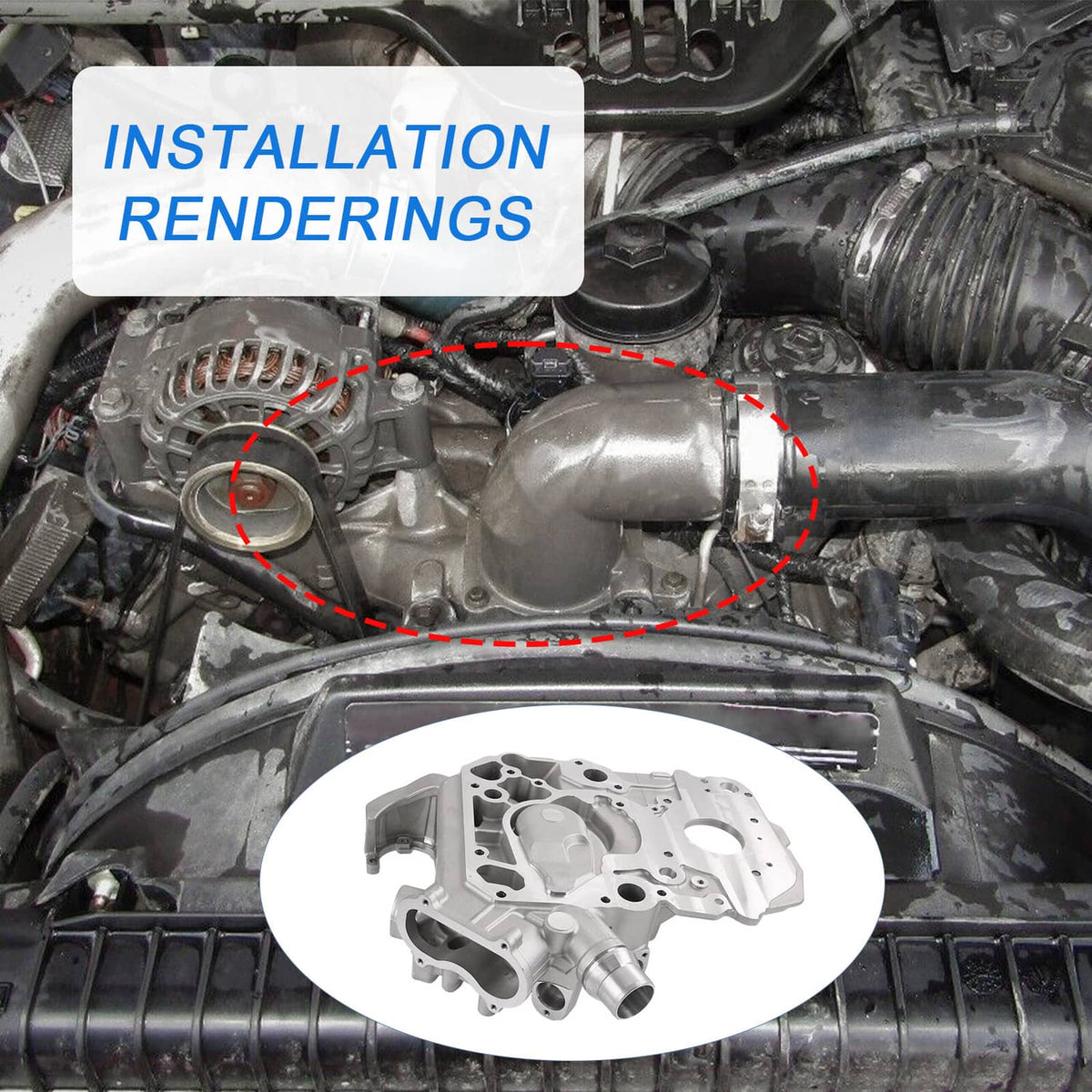 Engine timing cover installed in engine compartment, red-highlighted area around cover