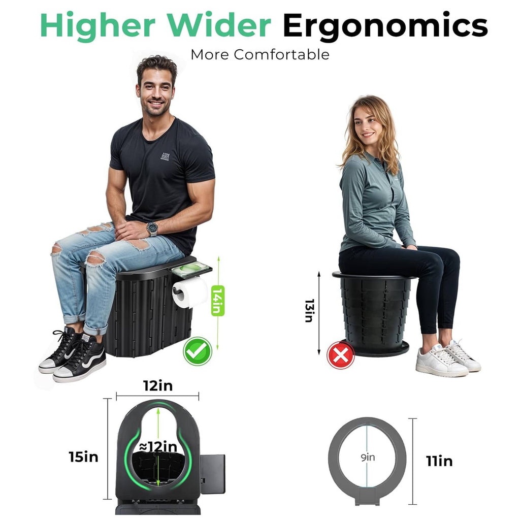 Portable camping toilet with open seat and integrated toilet paper roll holder