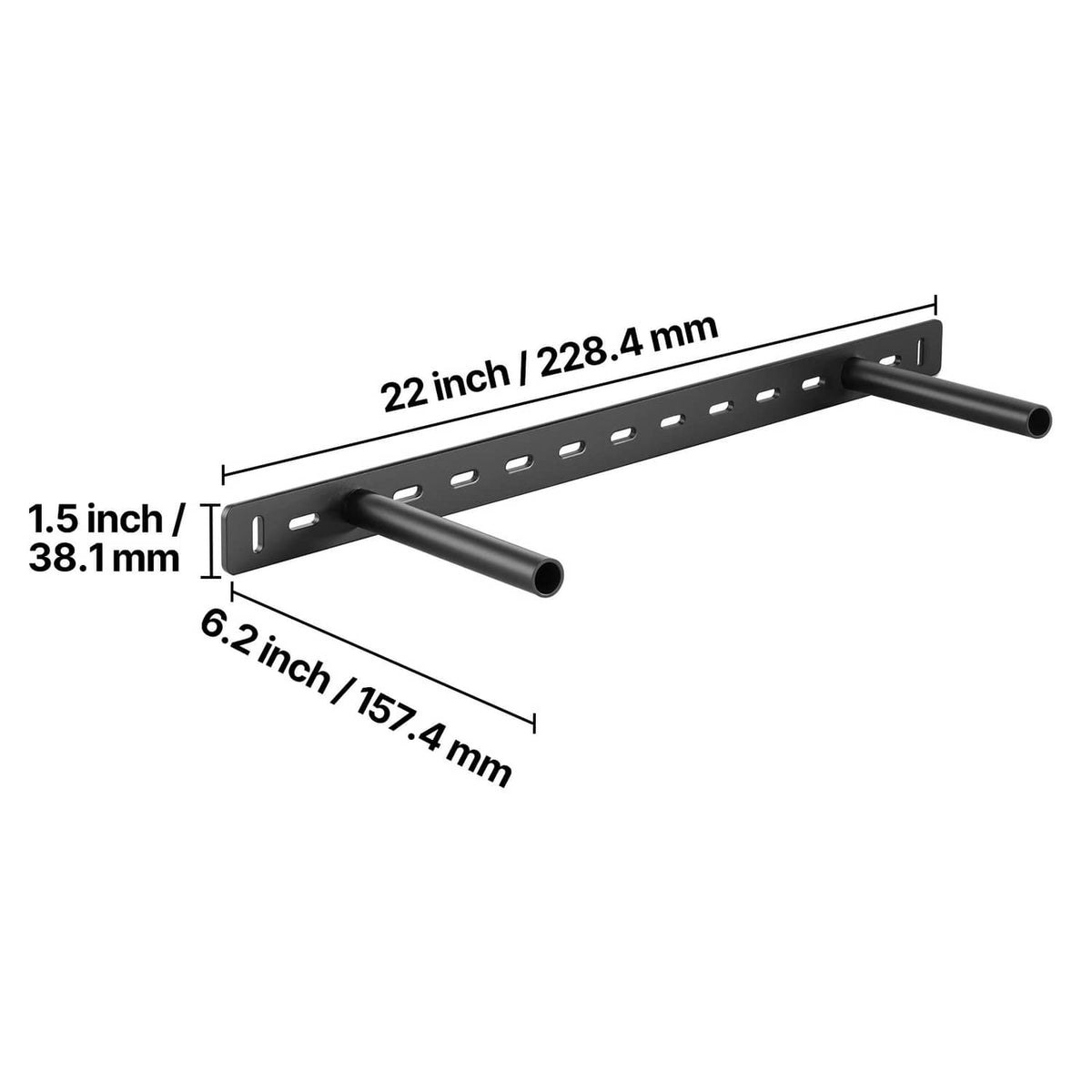 22-inch floating shelf bracket with two support tubes and perforated rail, black