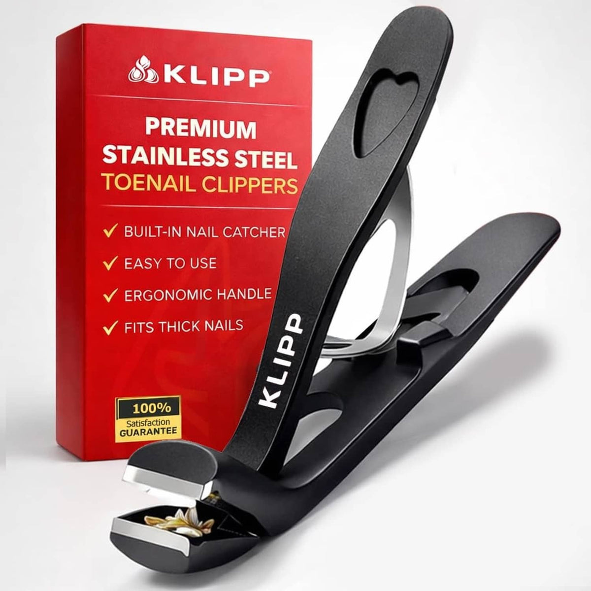 KLIPP angled toenail clippers in black with wide opening and nail catcher base stand