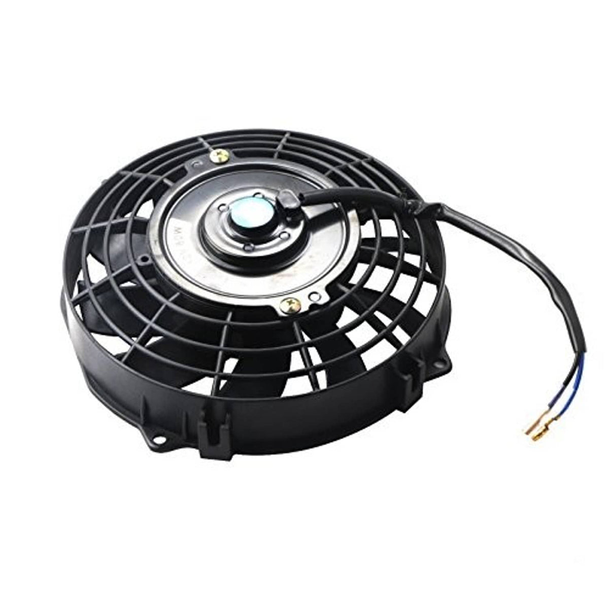 Black 12V electric fan motor with circular grille and power wire with gold ends