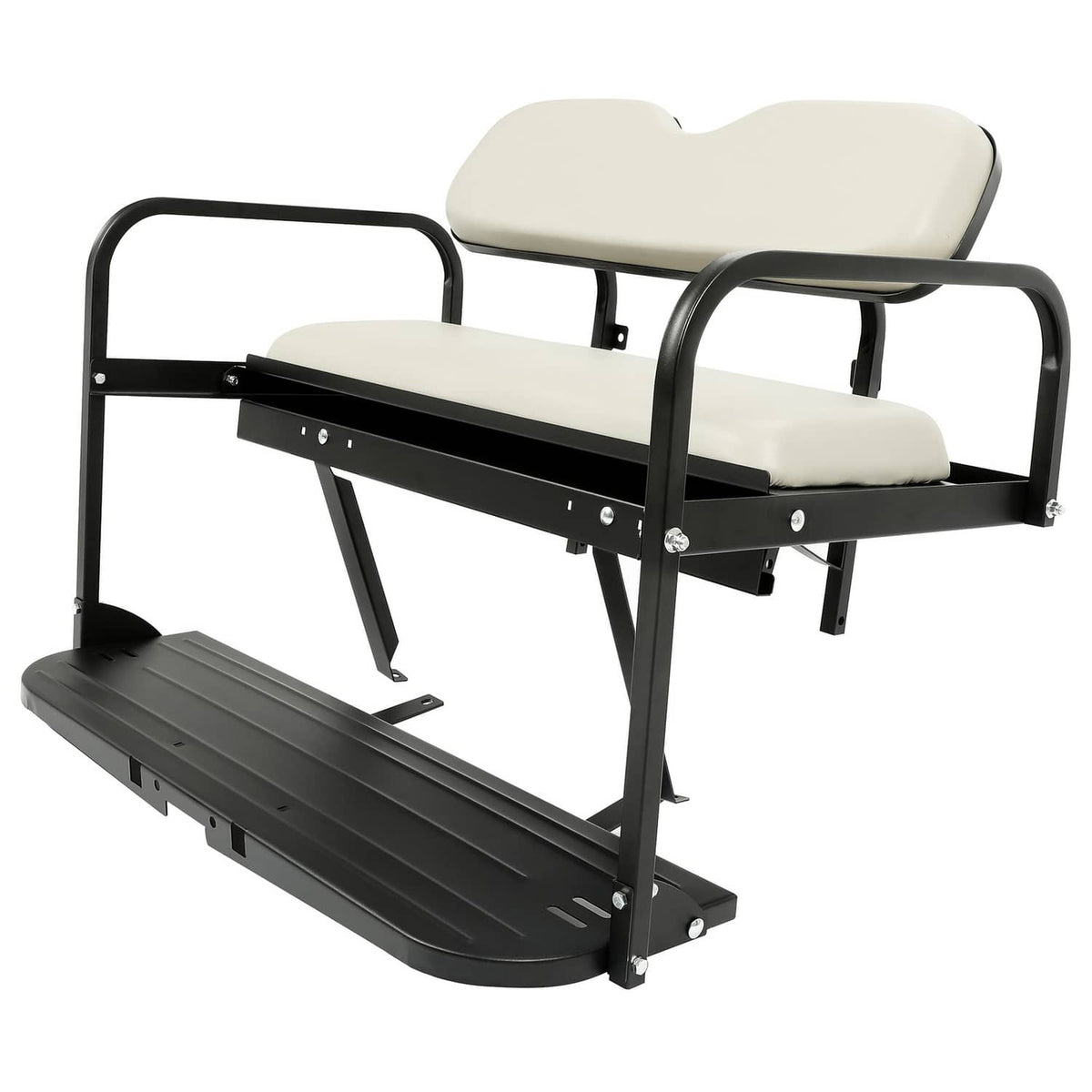 Golf cart flip rear back seat kit with off-white cushions and black frame