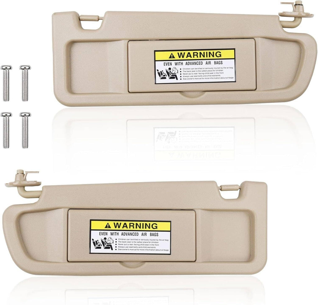 Beige sun visor set with warning labels and replacement clips, left and right.