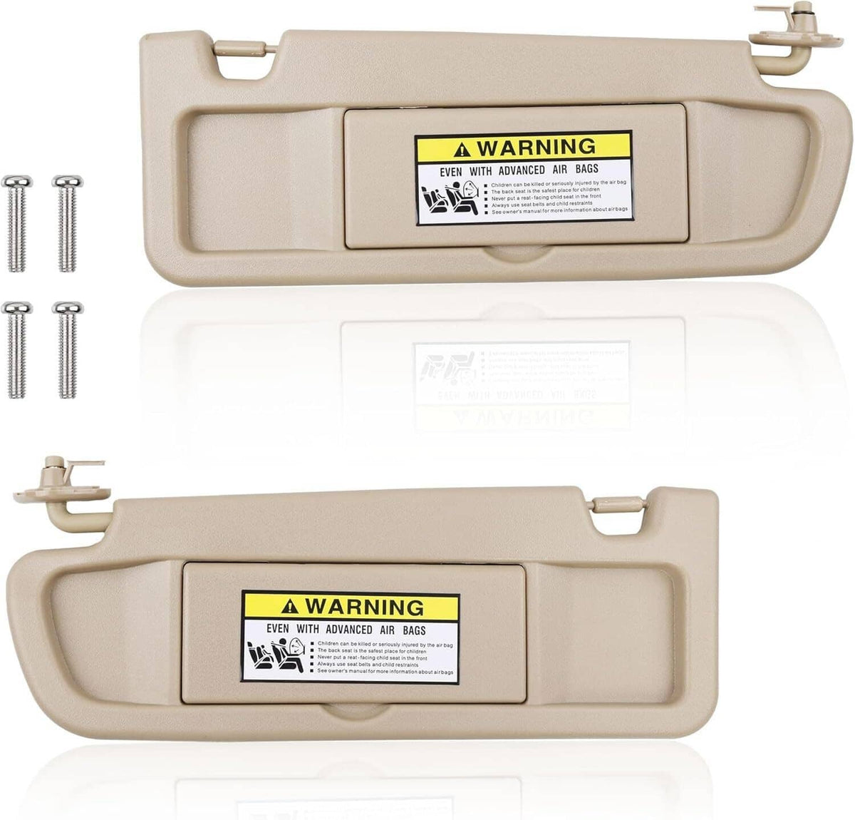 Beige sun visor set with warning labels and replacement clips, left and right.