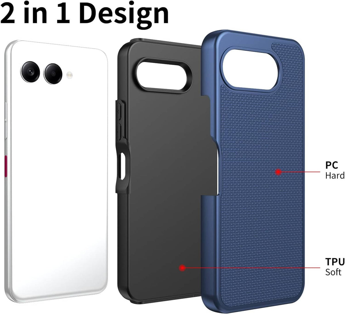 2-in-1 design phone cases: blue, black, and white with hard and soft layer