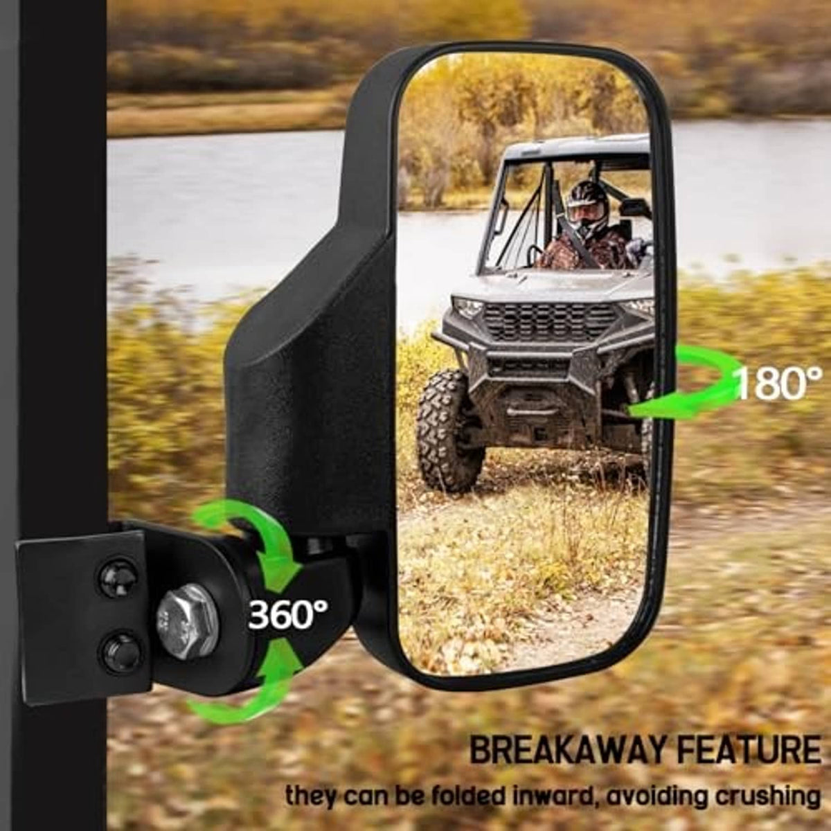 UTV rear side mirror with black housing, foldaway breakaway design shown