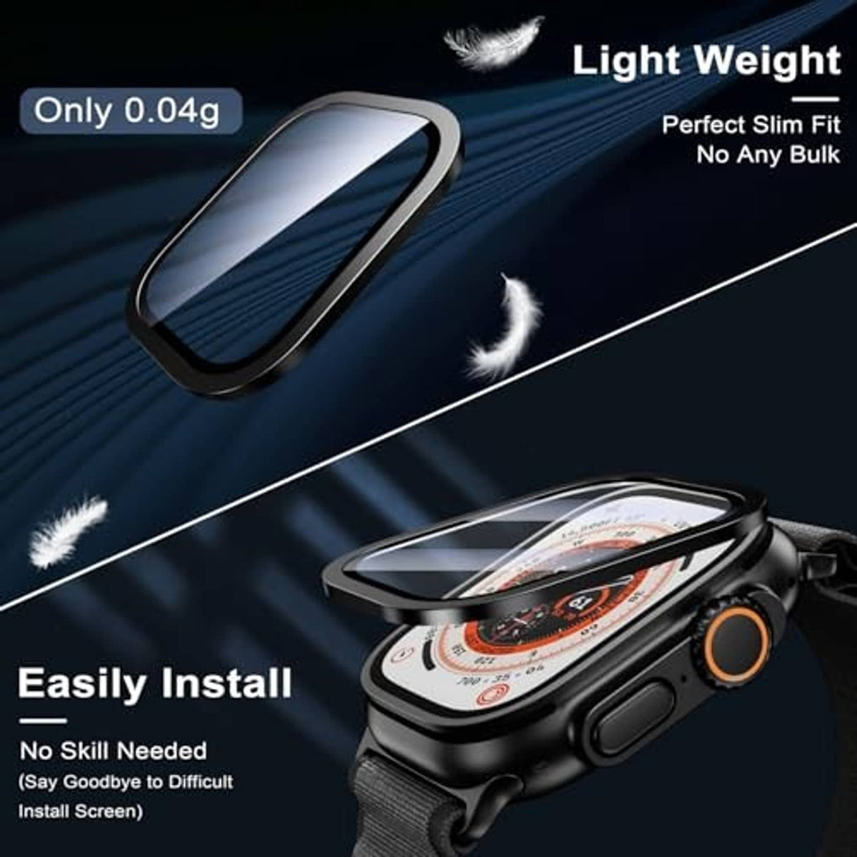 Black Apple Watch Ultra case with clear front protector for a slim, comfortable fit