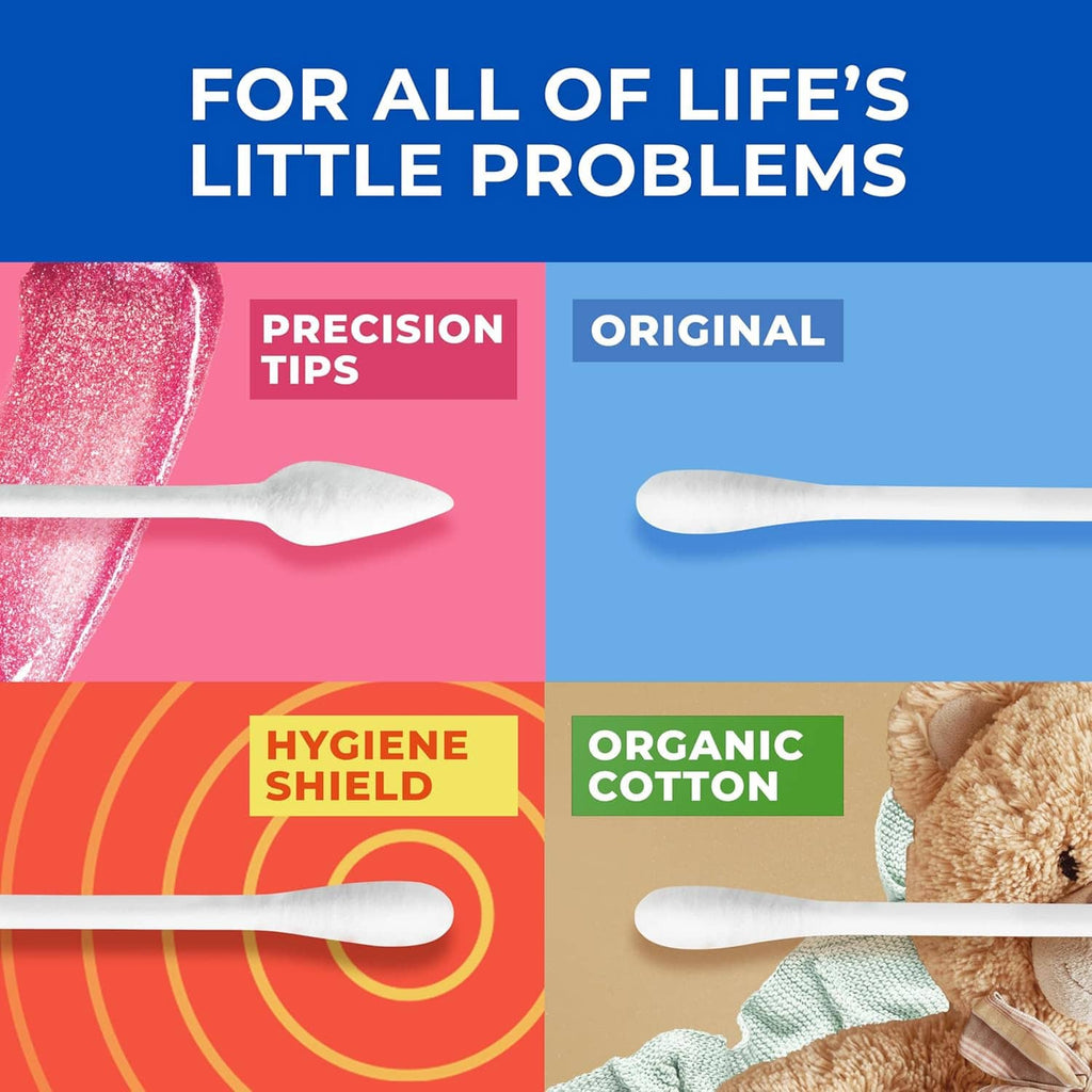 Cotton swab tips variety chart showing different shapes and hygiene shield