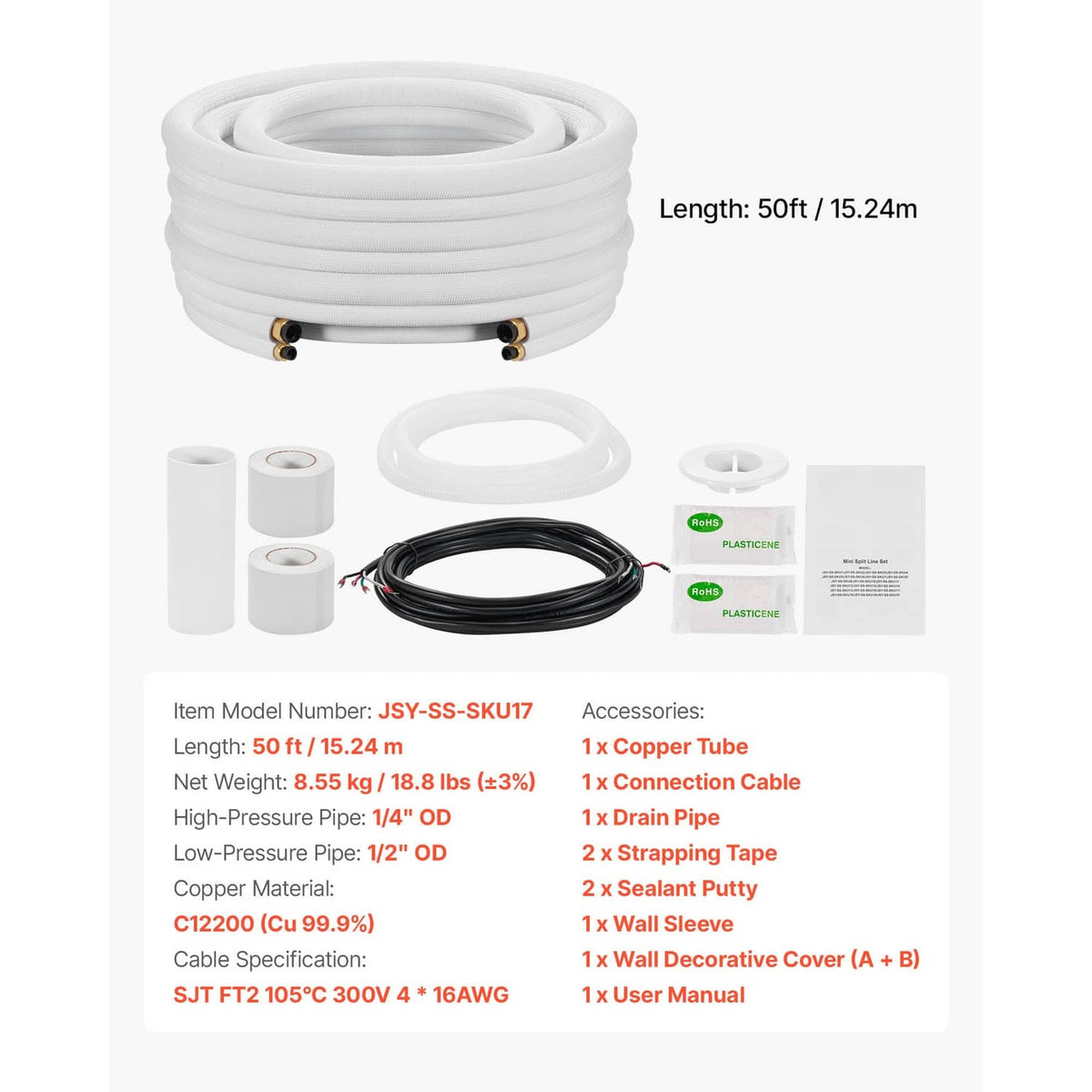 50 ft PE-insulated mini split line set bundle with copper connectors and accessories