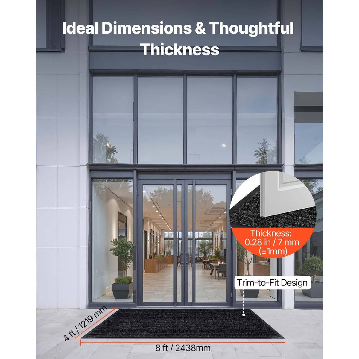 Rectangular black ribbed door mat, shown with thickness and size proportions.
