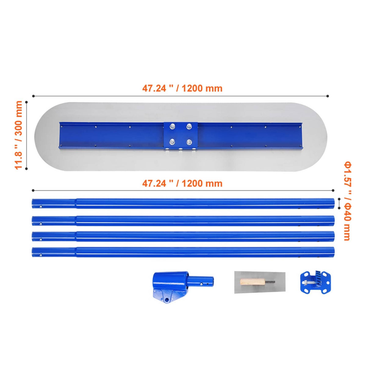 Concrete bull float size diagram showing blue blade, handles, and scraper pieces