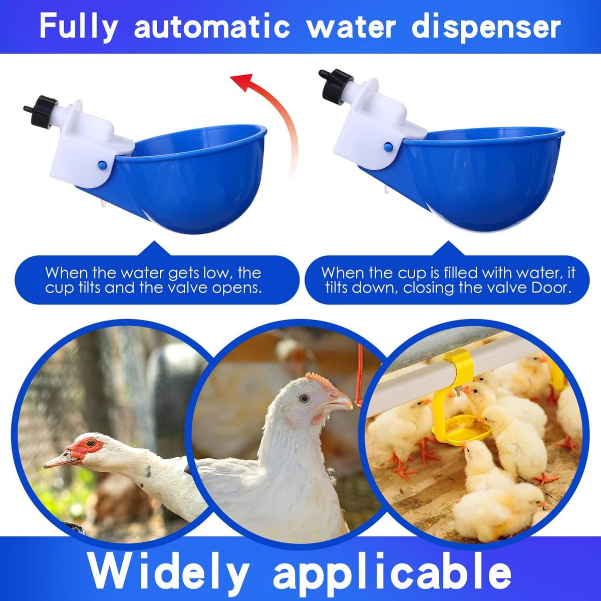 Two blue chicken water cups with white float valve for automatic refilling