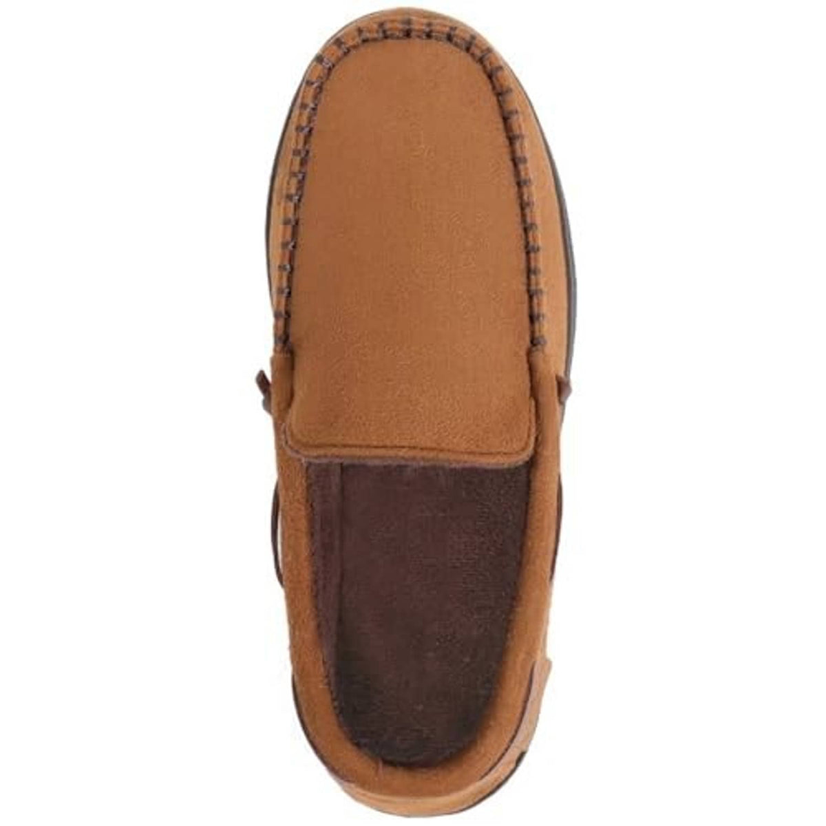 Camel suede moccasin slipper viewed from back with dark cushioned heel lining.