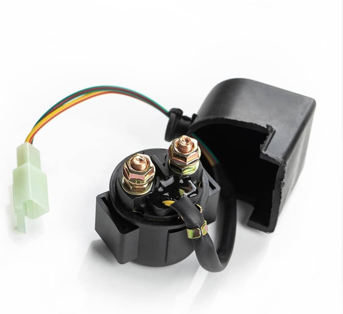 Black solenoid starter relay with copper terminals and multicolor wire leads, open housing