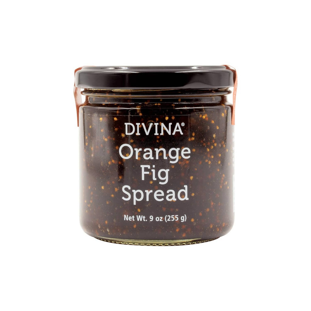 DIVINA Orange Fig Spread jar, dark brown glass with black lid and label text
