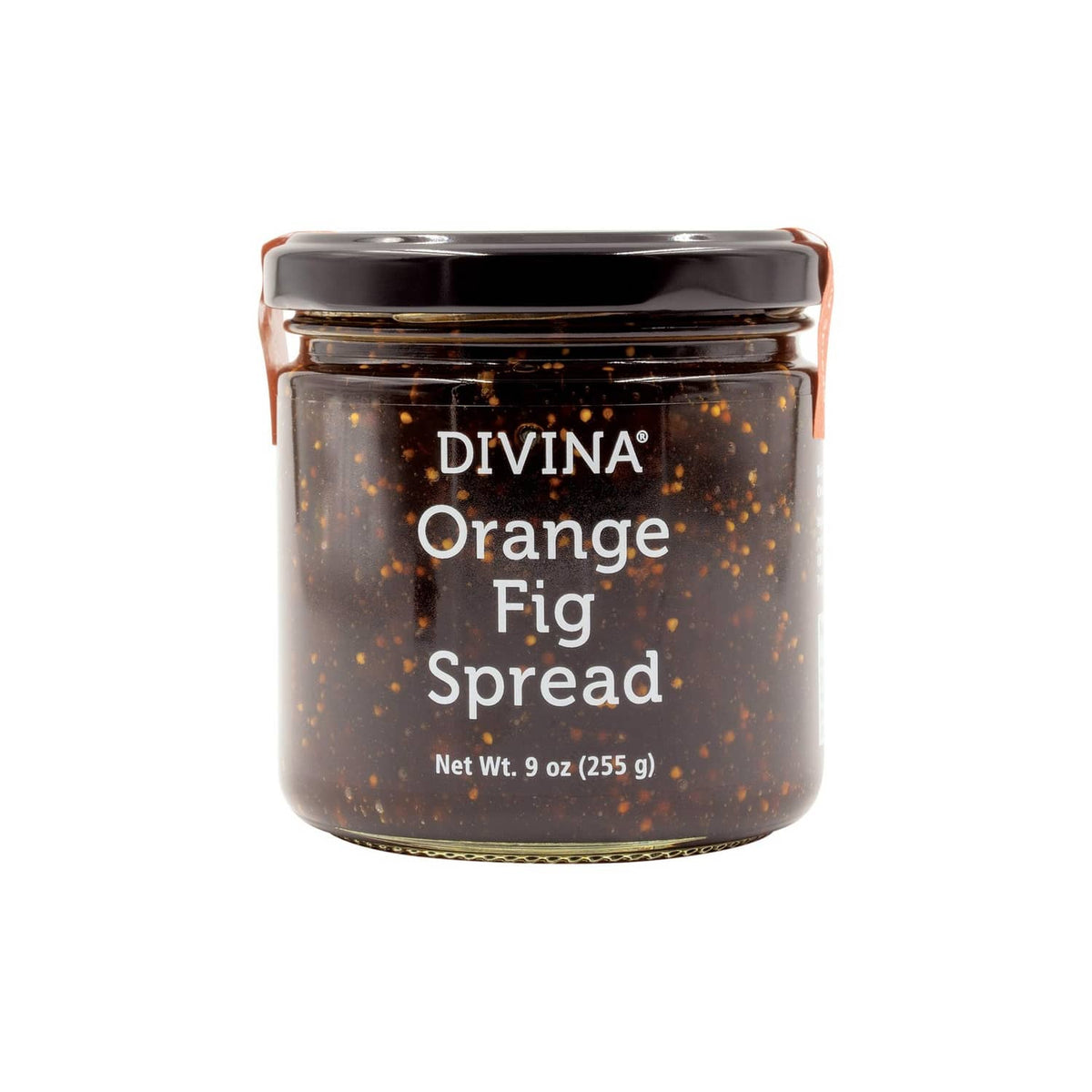 DIVINA Orange Fig Spread jar, dark brown glass with black lid and label text