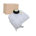 Pressurized coolant reservoir with black cap and small label, translucent white body.