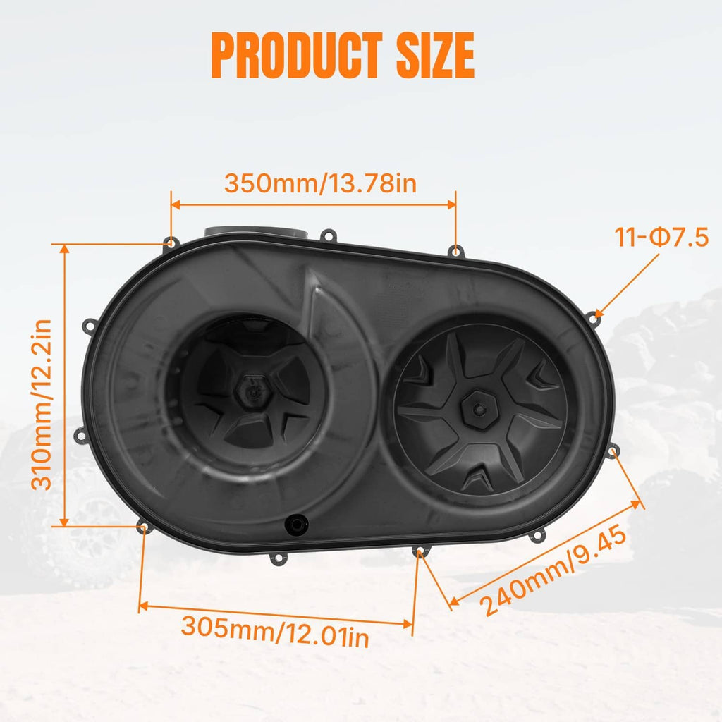 Dark gray clutch cover with two star-shaped fan covers and measurement diagram