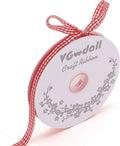 Red and white gingham ribbon spool with looping ribbon end, thin craft ribbon roll