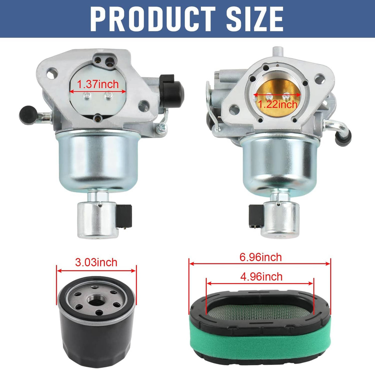 Carburetor replacement assembly with air filter and oil filter, shown with size measurements