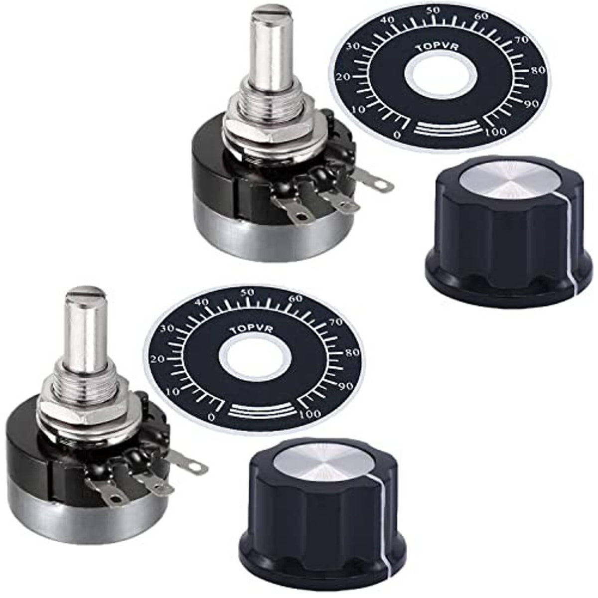 Rotary potentiometer set: black knobs with silver shafts and circular scale dials, 2-pack.