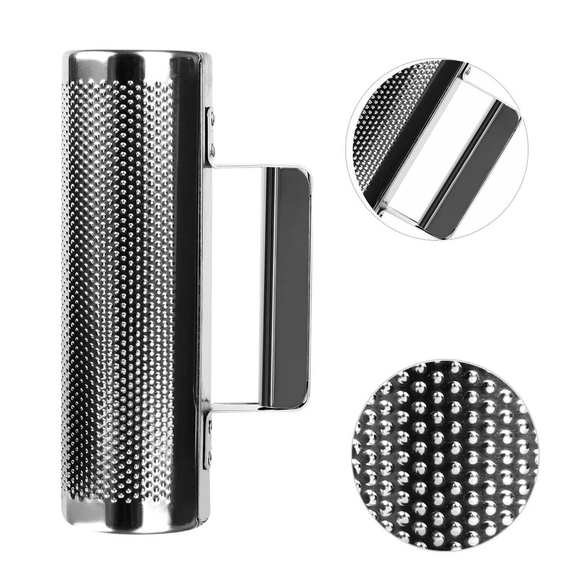 Metal guiro cylinder with scraper attachment; circular close-up of perforated surface