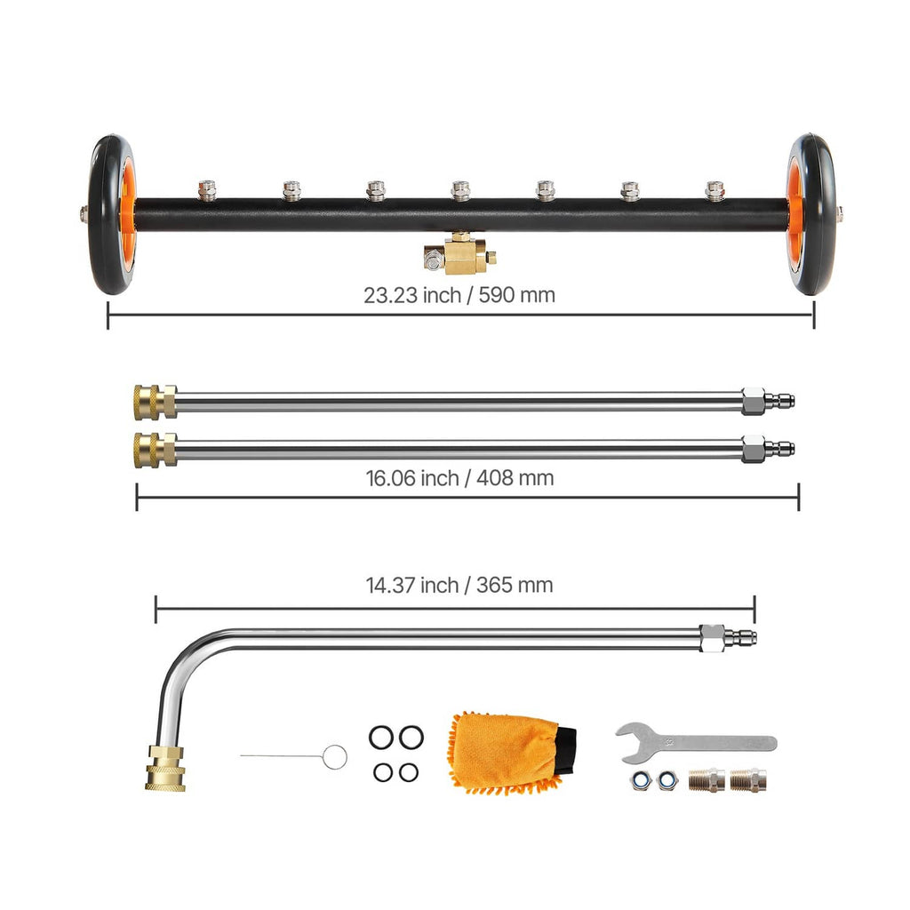 Undercarriage cleaner with black axle bar, two extension rods, U-bend wand, and brush pad